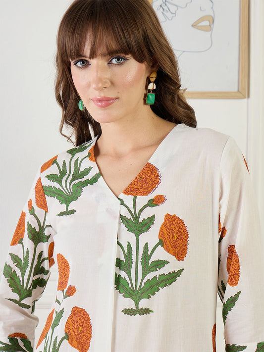 Dhiyona IE Printed Cotton V Neck Top With Trousers Co-Ords