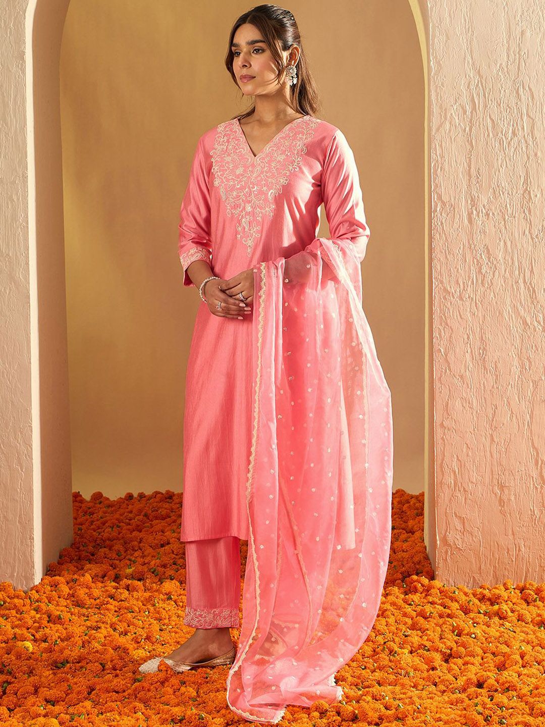 Dhiyona IE Floral Yoke Design Straight Sequinned Liva Kurta with Trousers & Dupatta