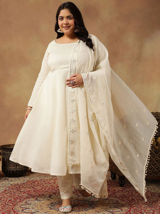 Dhiyona IN Chevron Embroidered Thread Work Anarkali Cotton Kurta with Trouser & Dupatta