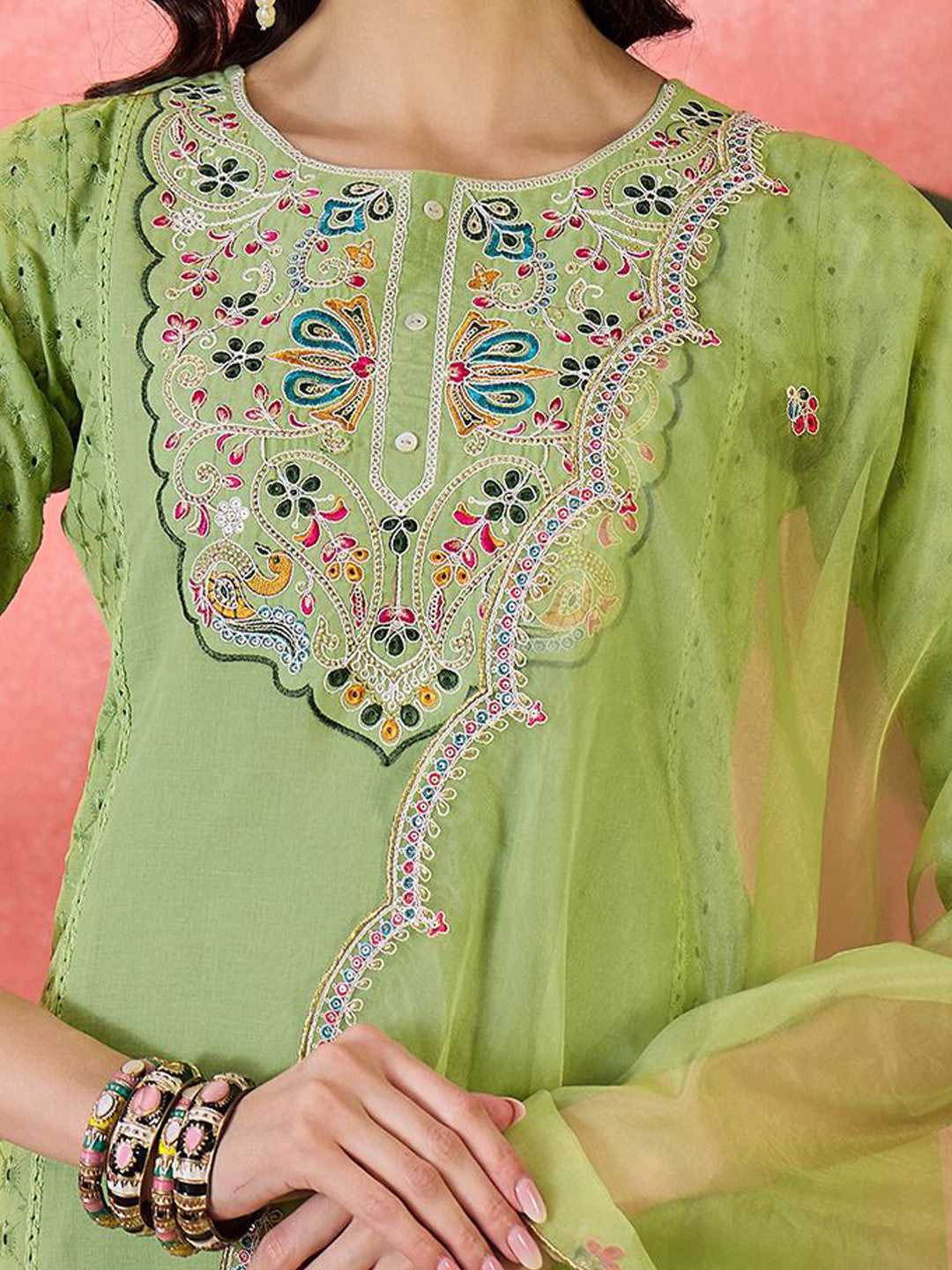 Women Ethnic Embroidered Straight Kurta & Trousers With Dupatta