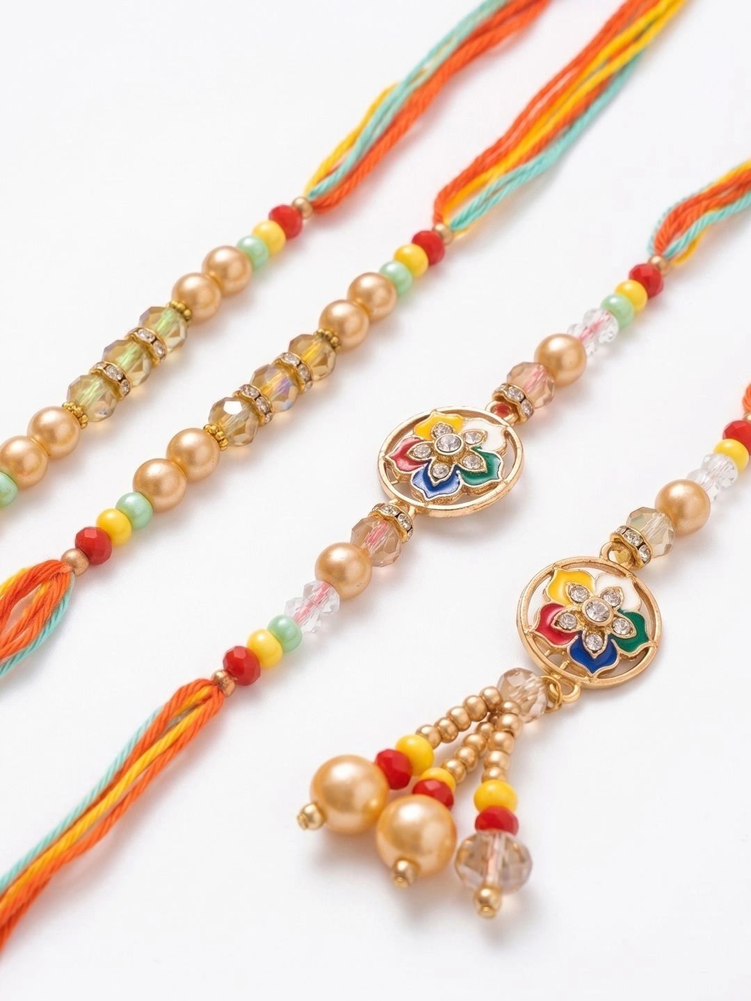 Dhiyona Set Of 4 Artificial Beads Family Pack Thread Rakhi With Roli Chawal Chandan Mishri