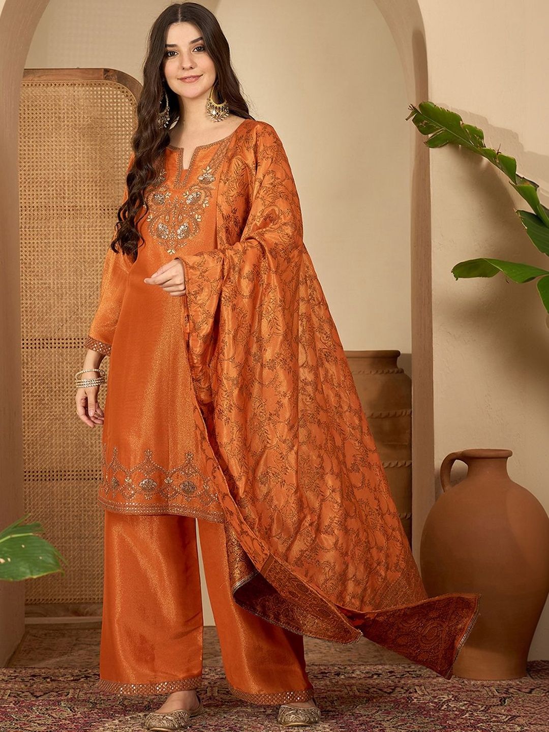 Dhiyona SN Zari Sequence Embroidered Kurta With Palazzo & Dupatta
