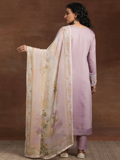 Women's LB Lilac Embroidered Silk Blend Straight Suit With Dupatta