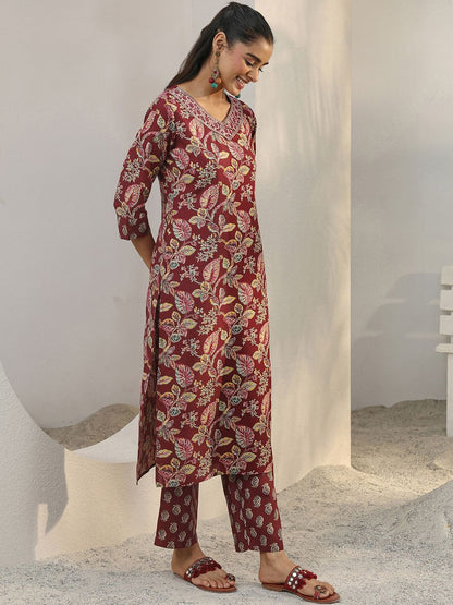 Libas Maroon Floral Printed Cotton Blend Straight Suit Set With Dupatta