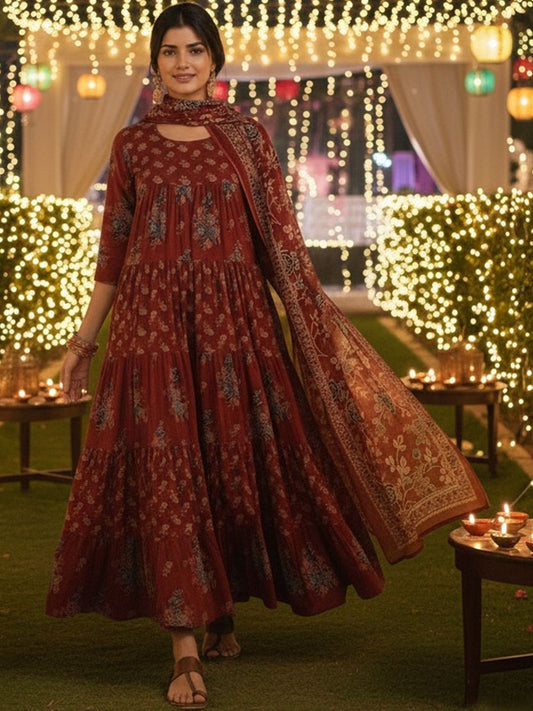 Dhiyona KL Women Ethnic Motifs Printed Tiered Kurta with Trousers & With Dupatta