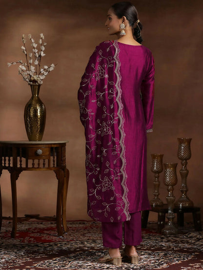 Women's LB Wine Embroidered Silk Blend Straight Suit With Dupatta