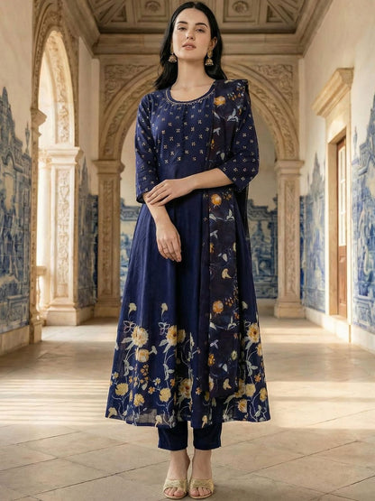 Women Floral Printed Regular Thread Work Pure Cotton Kurta with Trousers & With Dupatta