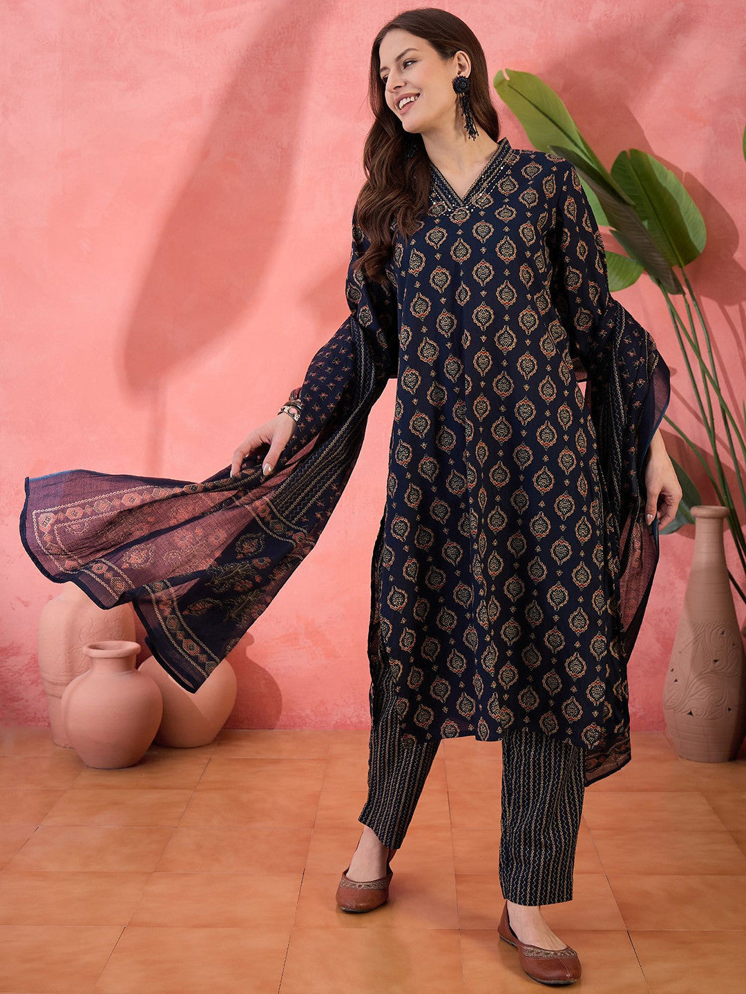 Ethnic Motifs Printed V Neck Pure Cotton Straight Kurta With Trouser & Dupatta