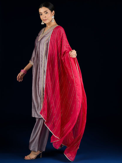 Dhiyona VA Floral Yoke Design A-Line Kurta With Palazzos & Dupatta