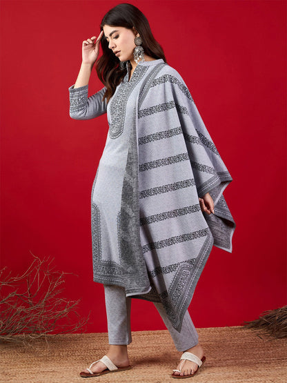 Floral Printed Mandarin Collar Kurta & Trousers with Dupatta Set