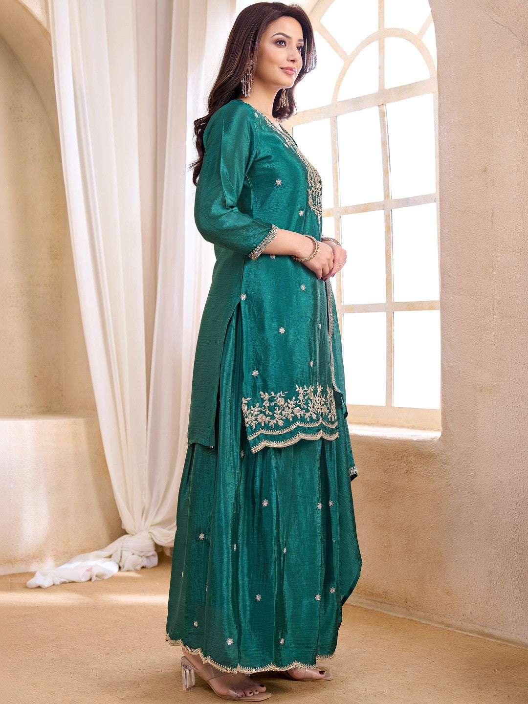 Embroidered Round Neck Kurta & Palazzos With Dupatta