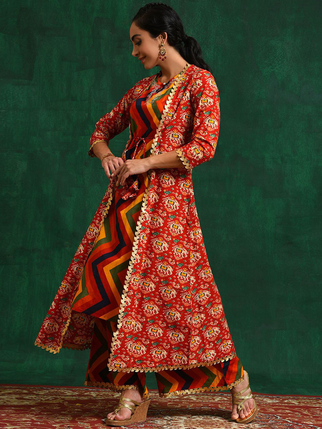 Red Chevron Printed Pure Cotton A-Line Kurta & Trousers With Jacket