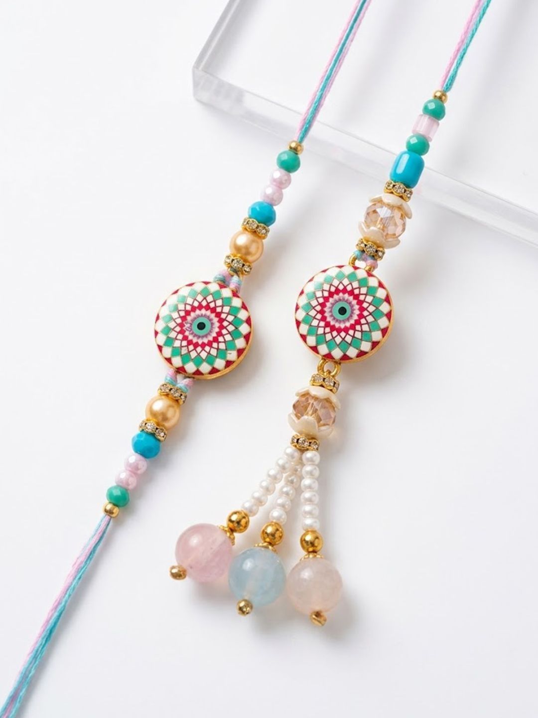 Dhiyona Set Of 2 Floral Design Bhaiya Bhabhi Rakhi With Roli Chawal Chandan Mishri