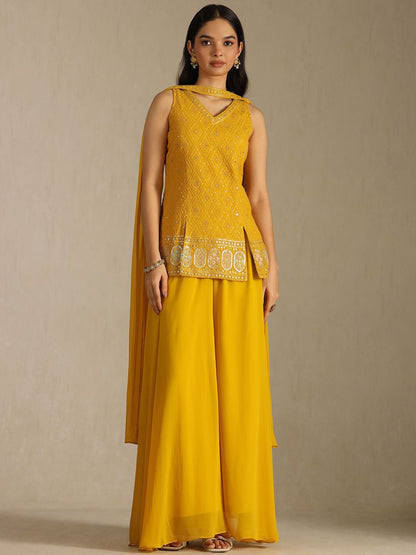 Dhiyona SO Women's Women Ethnic Motifs Embroidered Regular Mirror Work Kurti & Palazzos With Dupatta