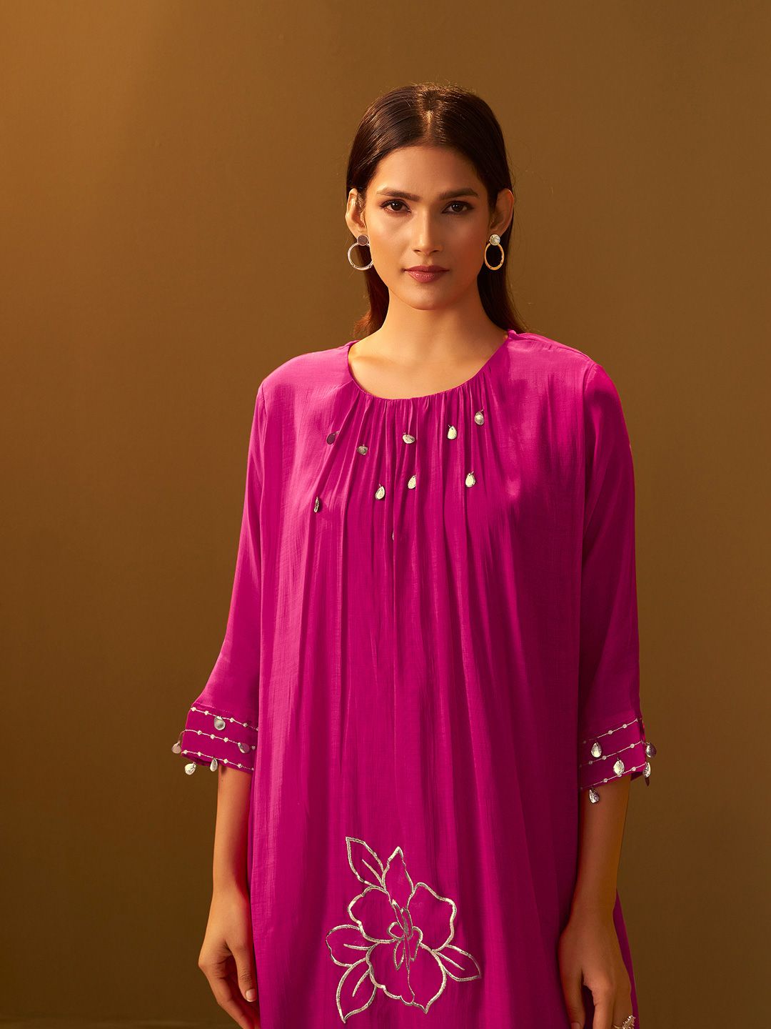 Dhiyona IE Floral Printed A-Line Mirror Work Kurta With Trouser