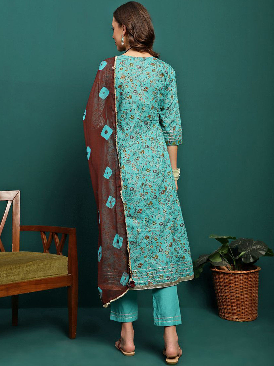 Turquoise Blue Floral Printed Pure Cotton Anarkali Kurta With Trouser & Dupatta
