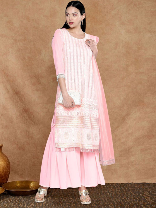 Dhiyona SN Women Geometric Embroidered Kurta with Sharara & Dupatta