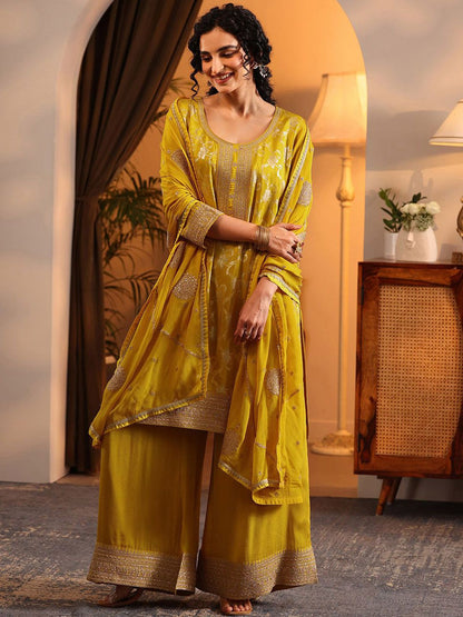 Dhiyona LL Women Ethnic Motif Woven Design Sequinned Kurta with Palazzos & Dupatta