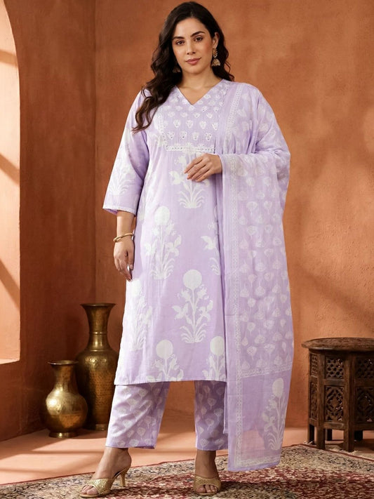 Dhiyona Women's Floral Printed Regular Pure Cotton Kurta with Trousers & With Dupatta