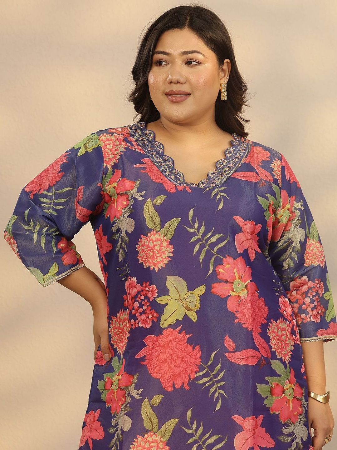 Dhiyona Women's Plus Size Floral Printed Kurta with Trousers & Dupatta