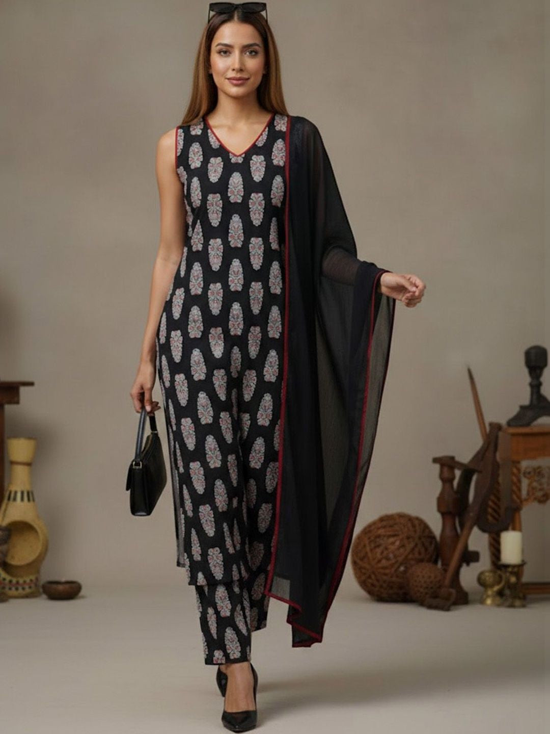 Dhiyona SN Printed Pure Cotton Round Neck Straight Kurta & Trousers With Dupatta