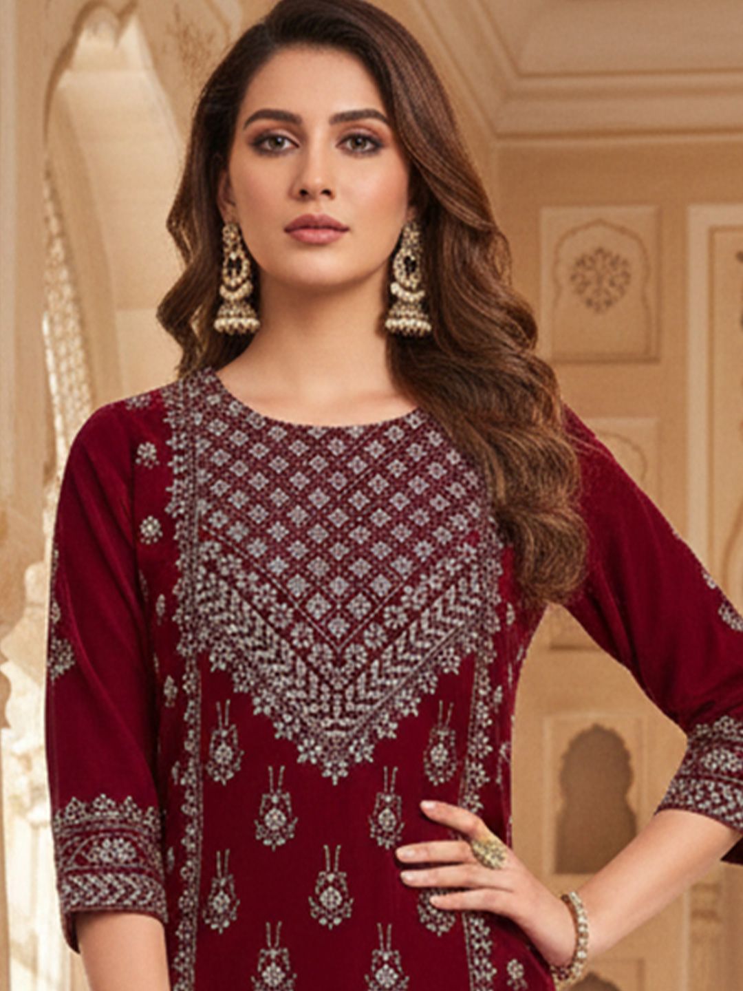 Maroon Women Ethnic Motifs Printed Regular Thread Work Velvet Kurta with Trousers