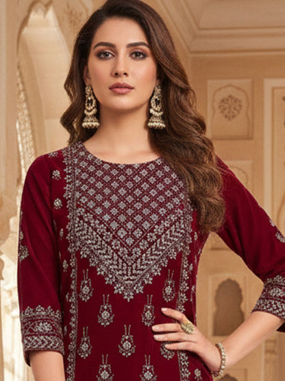 Maroon Women Ethnic Motifs Printed Regular Thread Work Velvet Kurta with Trousers