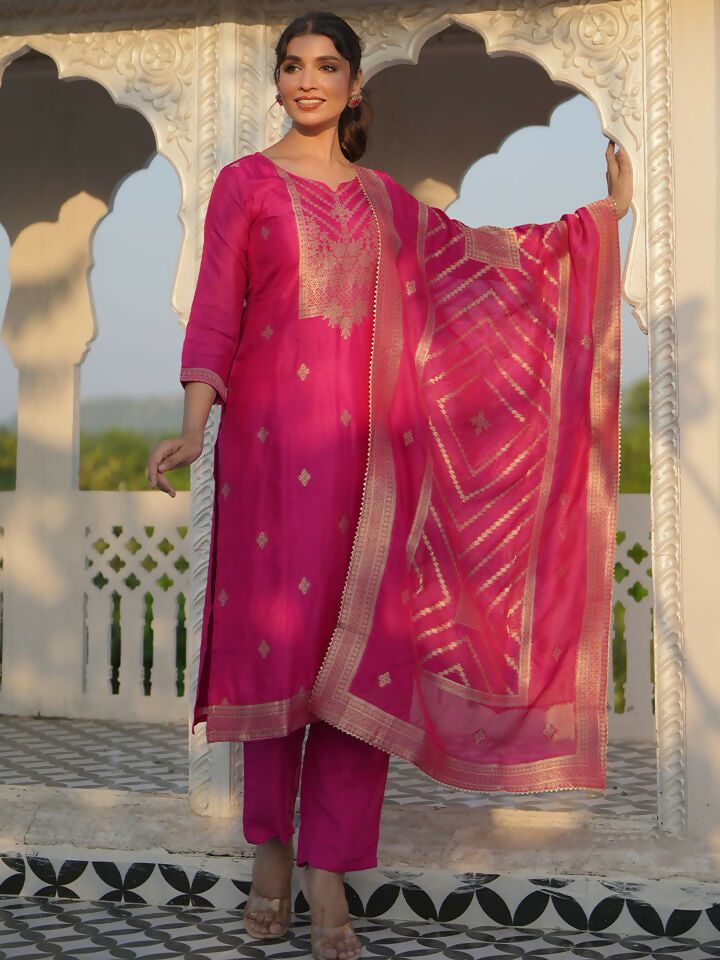 Women's LB Pink Woven Design Silk Blend Straight Suit With Dupatta