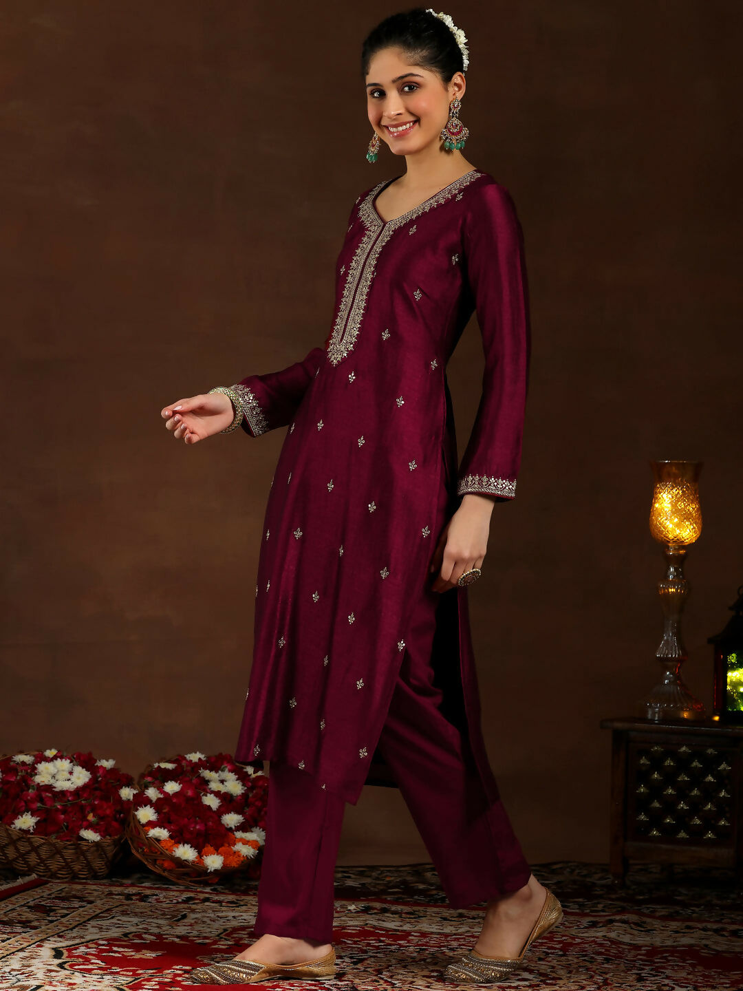 Women's LB Maroon Embroidered Silk Blend Straight Suit With Dupatta