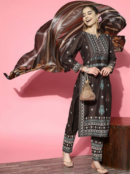 Women Ethnic Motifs Printed Regular Kurta with Trousers & With Dupatta