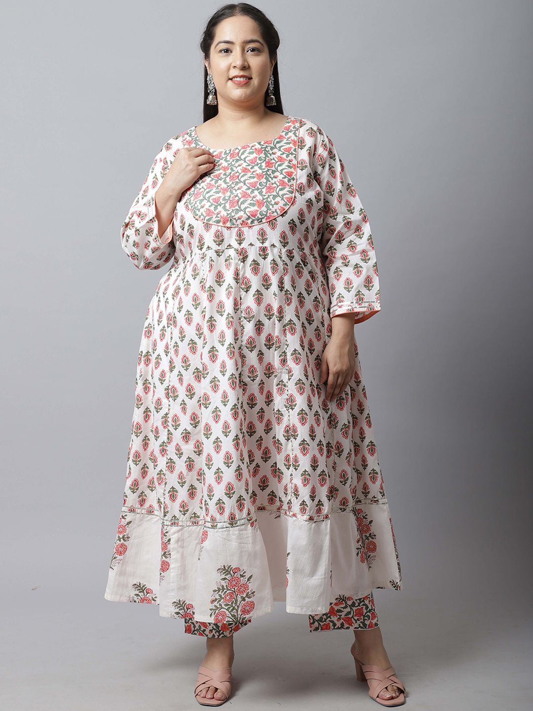 Dhiyona KL Floral Printed Pure Cotton Anarkali Kurta With Trousers & Dupatta