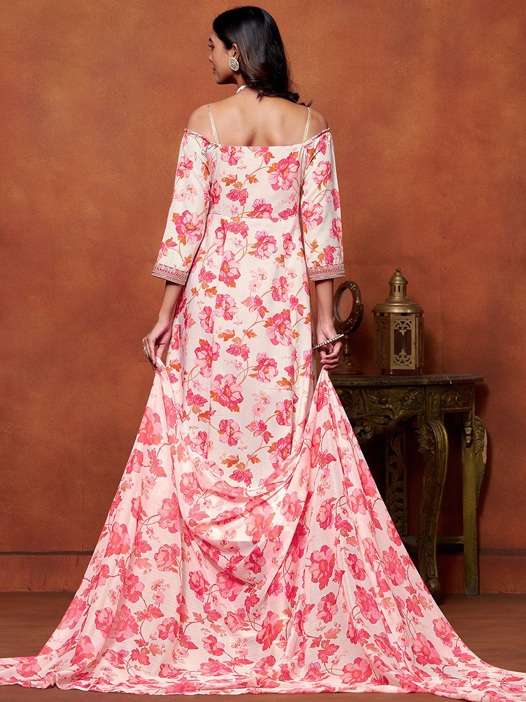Floral Printed Off Shoulder Anarkali Kurta With Trousers And Dupatta