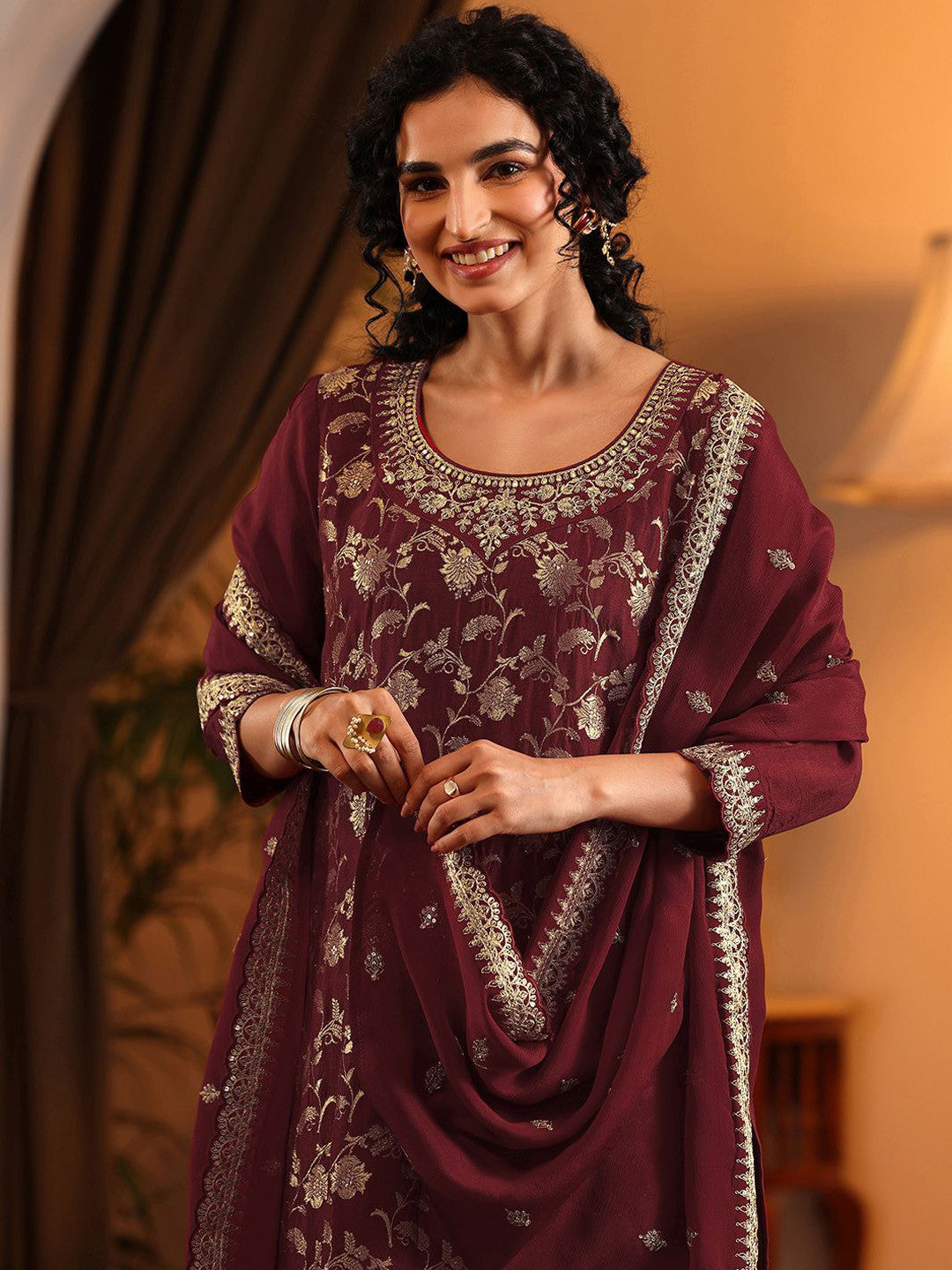 Floral Woven Design Straight Zari Kurta With Palazzos & Dupatta