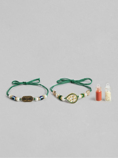 Dhiyona Unisex Set of 2 Beaded Bhai Bhabhi Rakhis With Roli & Chawal