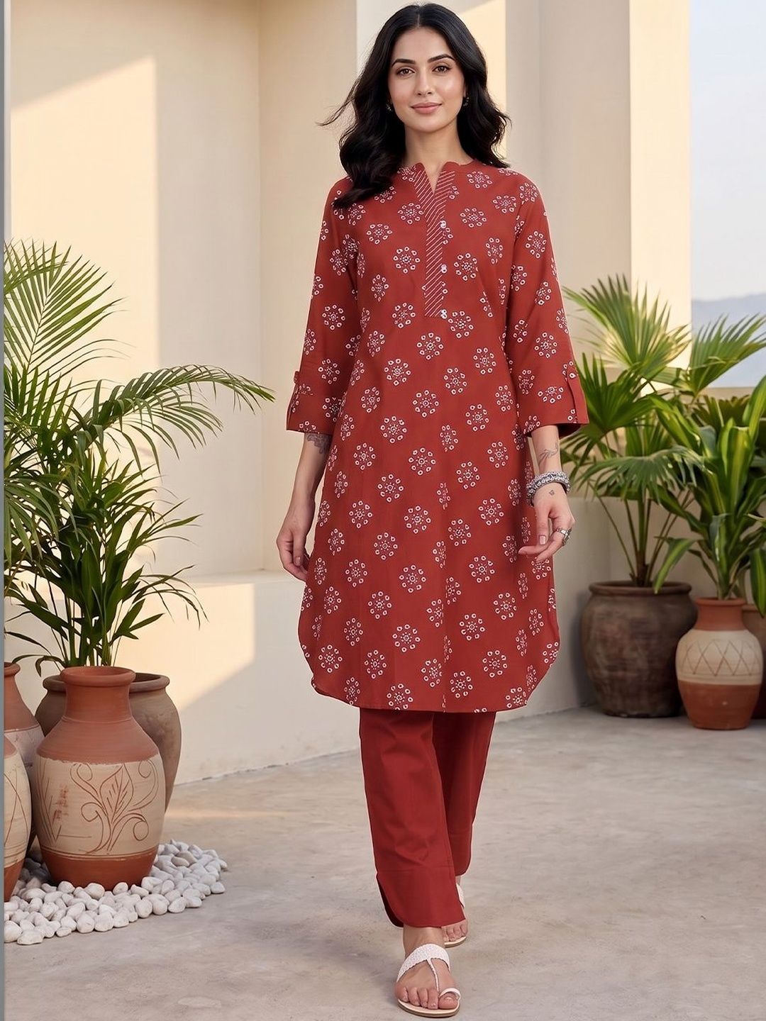 Red Women Ethnic Motifs Printed Regular Kurta with Trousers