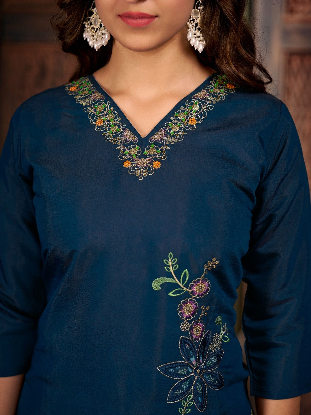 Quirky Embroidered Silk Blend V-Neck Kurti & Trousers With Dupatta