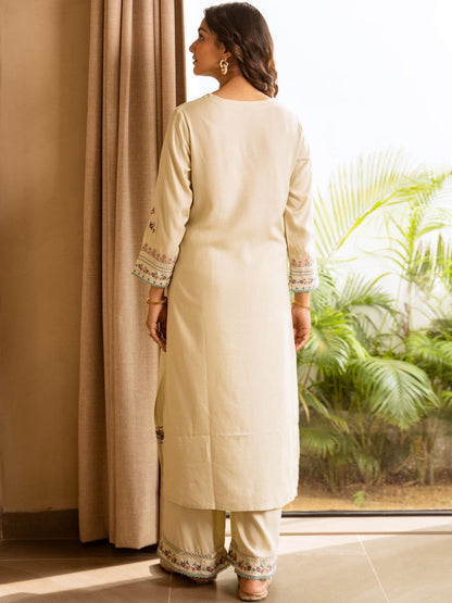 Geometric Embroidered Round Neck Thread Work Straight Kurta With Palazzos