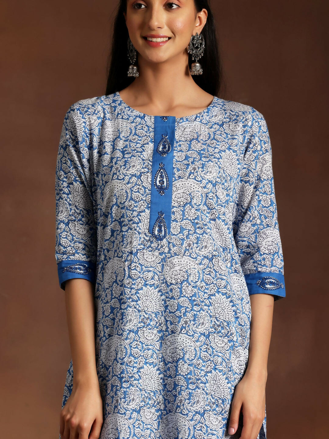 Women's LB Blue Printed Cotton Straight Suit With Dupatta