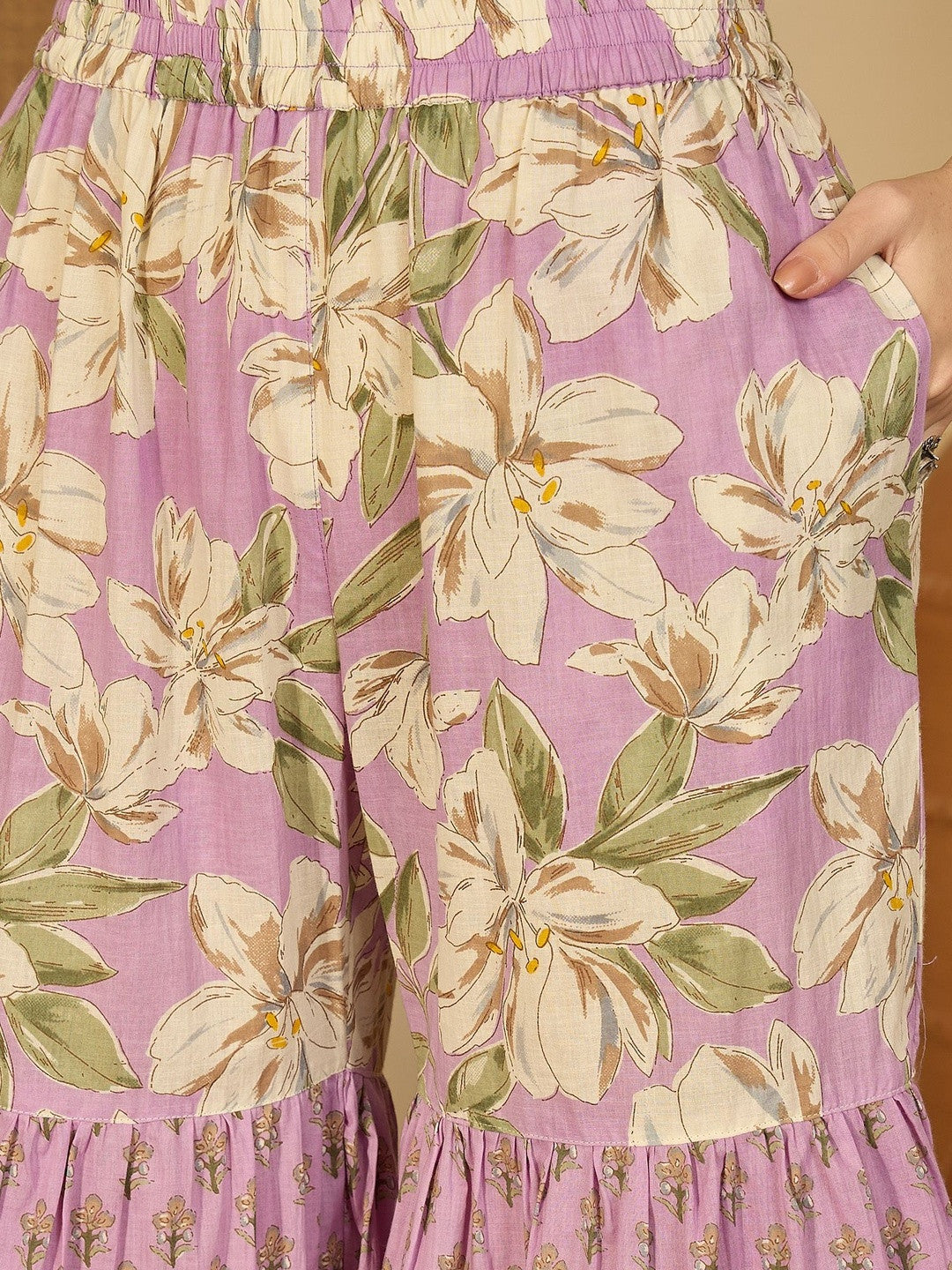 Floral Printed Notch Neck Thread Work Pure Cotton Kurta With Sharara & Dupatta