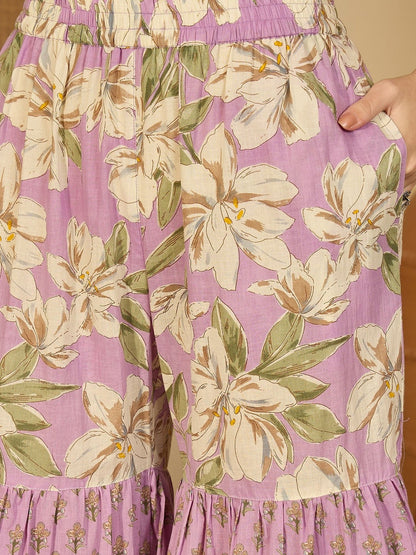 Floral Printed Notch Neck Thread Work Pure Cotton Kurta With Sharara & Dupatta