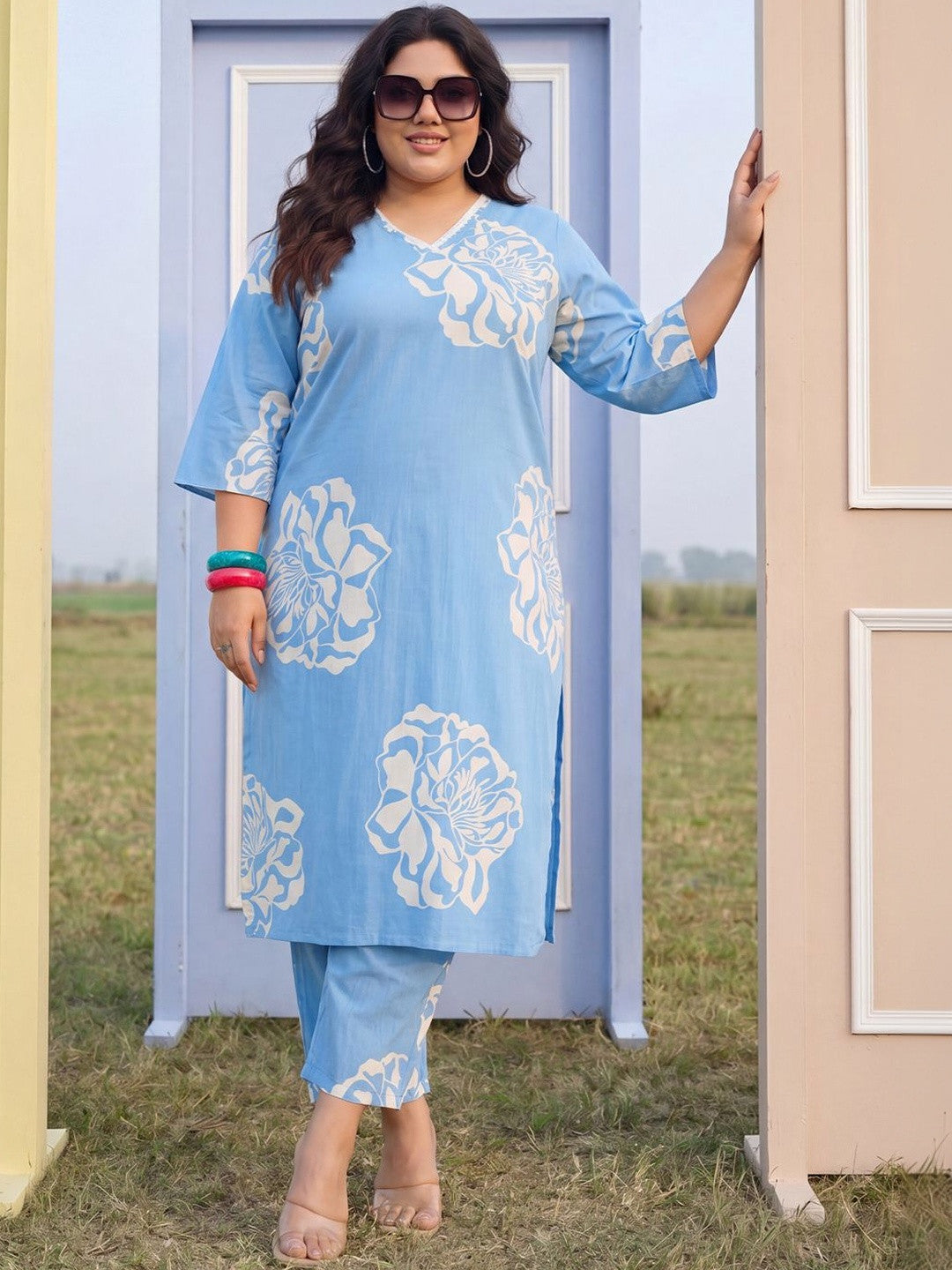 Plus Size Blue Printed Straight Kurta Trousers Set