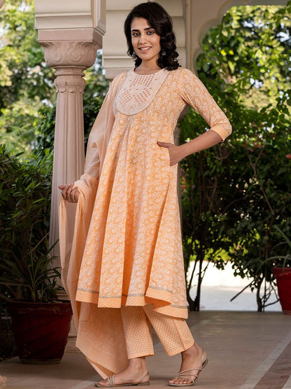 Dhiyona KL Floral Printed Mirror Work Anarkali Pure Cotton Kurta With Trousers & Dupatta