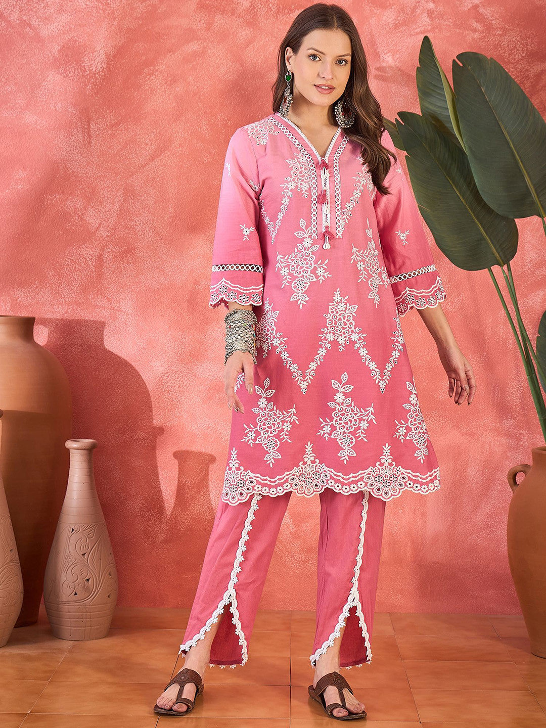 Chikankari Embroidered 100% Cotton Kurta & Dhoti Pants