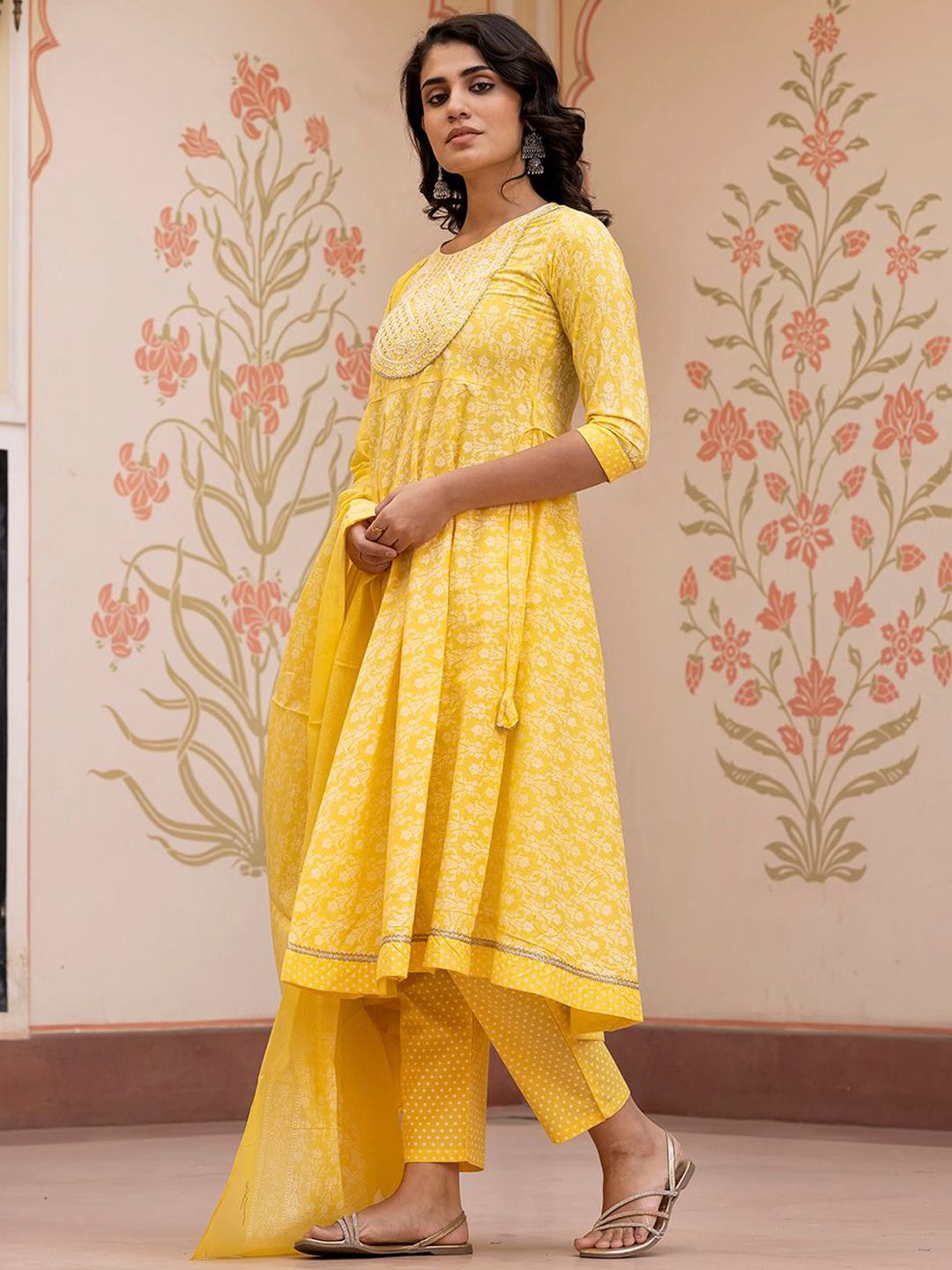 Dhiyona KL Floral Printed Mirror Work Anarkali Pure Cotton Kurta With Trousers & Dupatta