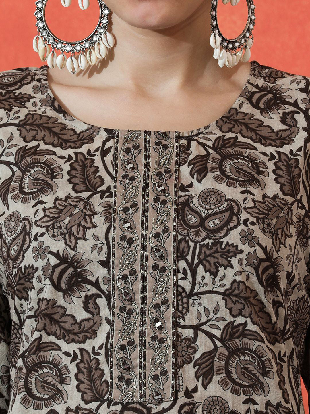 Floral Embroidered Straight Pure Cotton Kurta With Trousers & Dupatta