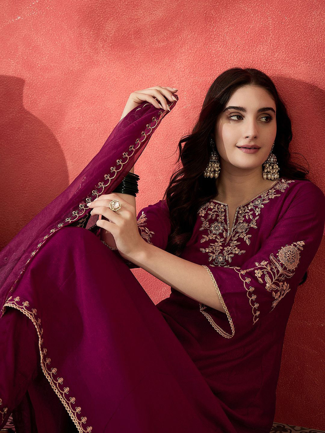 Women Floral Embroidered A-line Kurta with Trousers & Dupatta