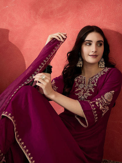 Women Floral Embroidered A-line Kurta with Trousers & Dupatta