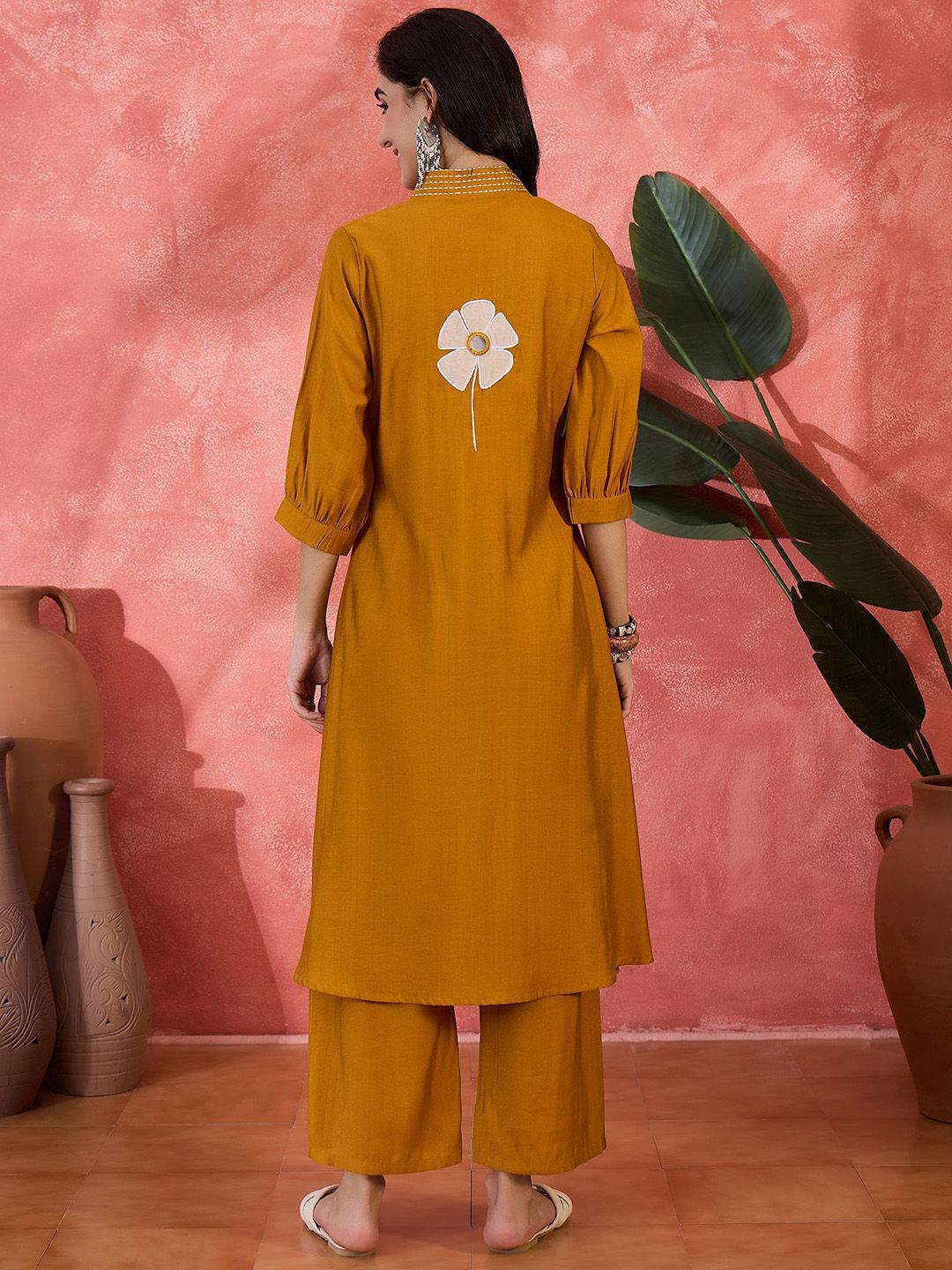 Dhiyona SN Women's Floral Embroidered V-Neck Mirror Work A-Line Kurta With Palazzo