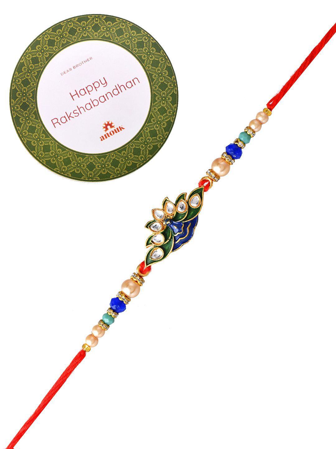 Dhiyona Blue Peacock Enamled Beaded Rakhi With Roli Chawal & Greeting Card