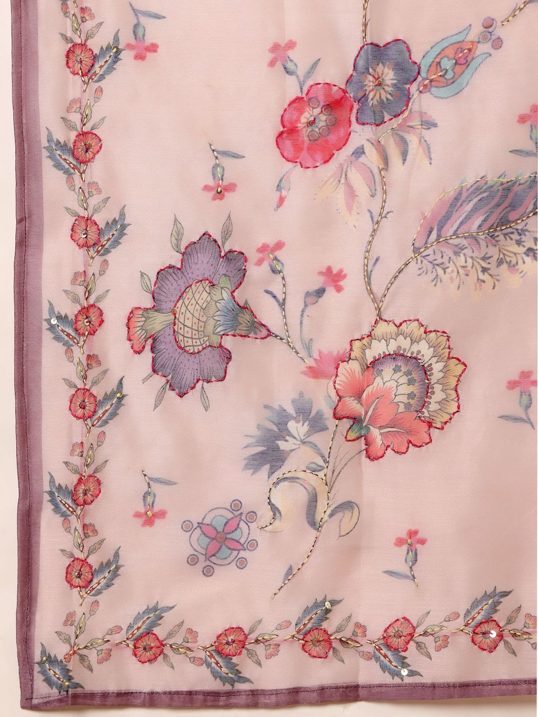 Peach Women Floral Embroidered Regular Chanderi Silk Kurta with Trousers & With Dupatta